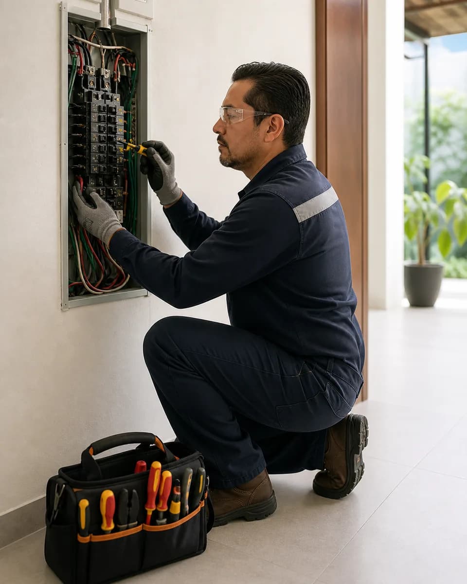 Electricista revisando un tablero eléctrico residencial