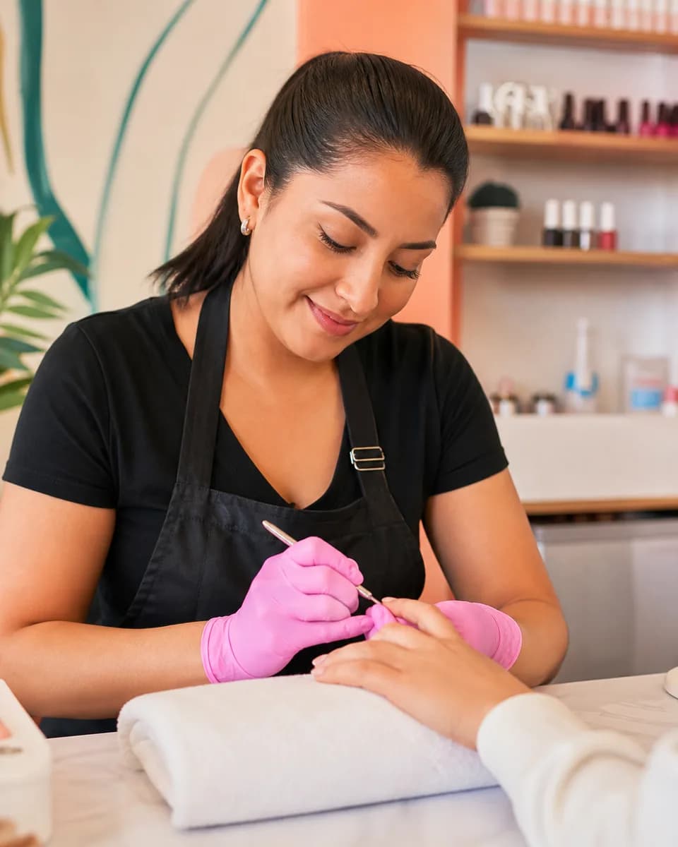 Técnica de uñas realizando un manicure profesional