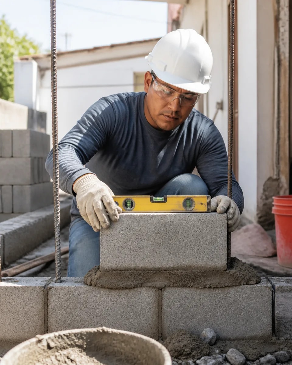 Albañil nivelando un muro de bloques durante una obra