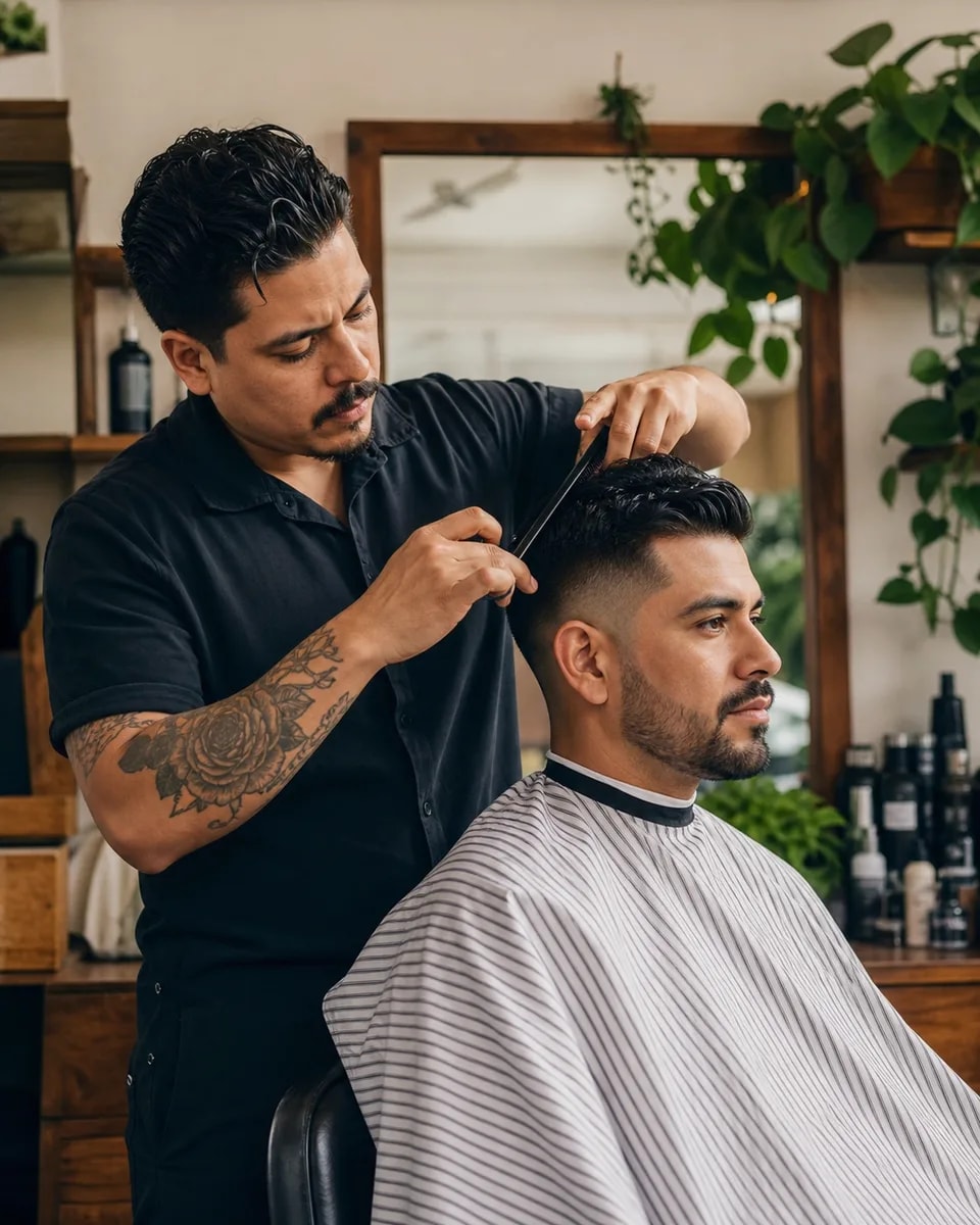Barbero realizando un corte en una barbería de barrio
