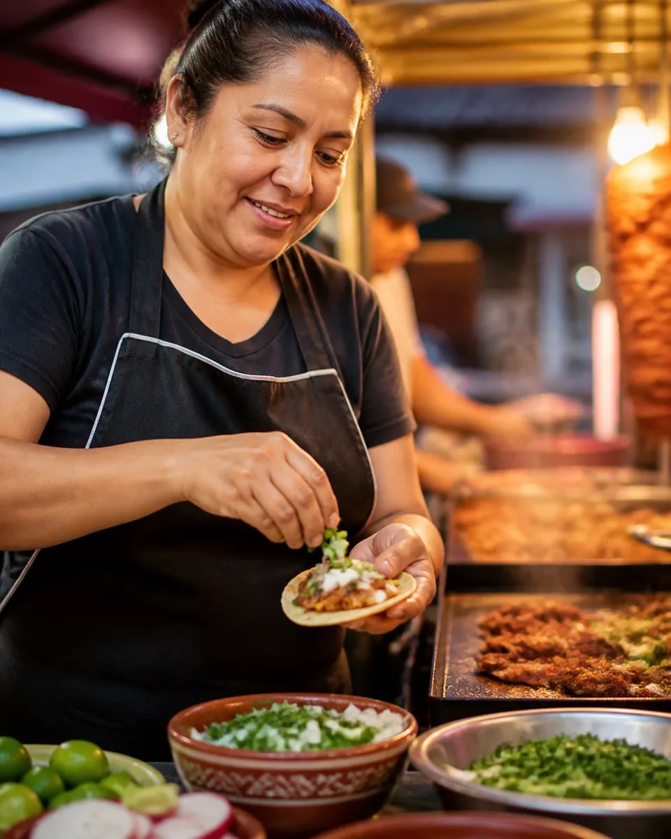 Taquera preparando un taco en un puesto local